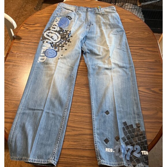 Echo Unlimited 1972 baggy fit wide leg denim jeans with graphics size 38x34 - Picture 1 of 12